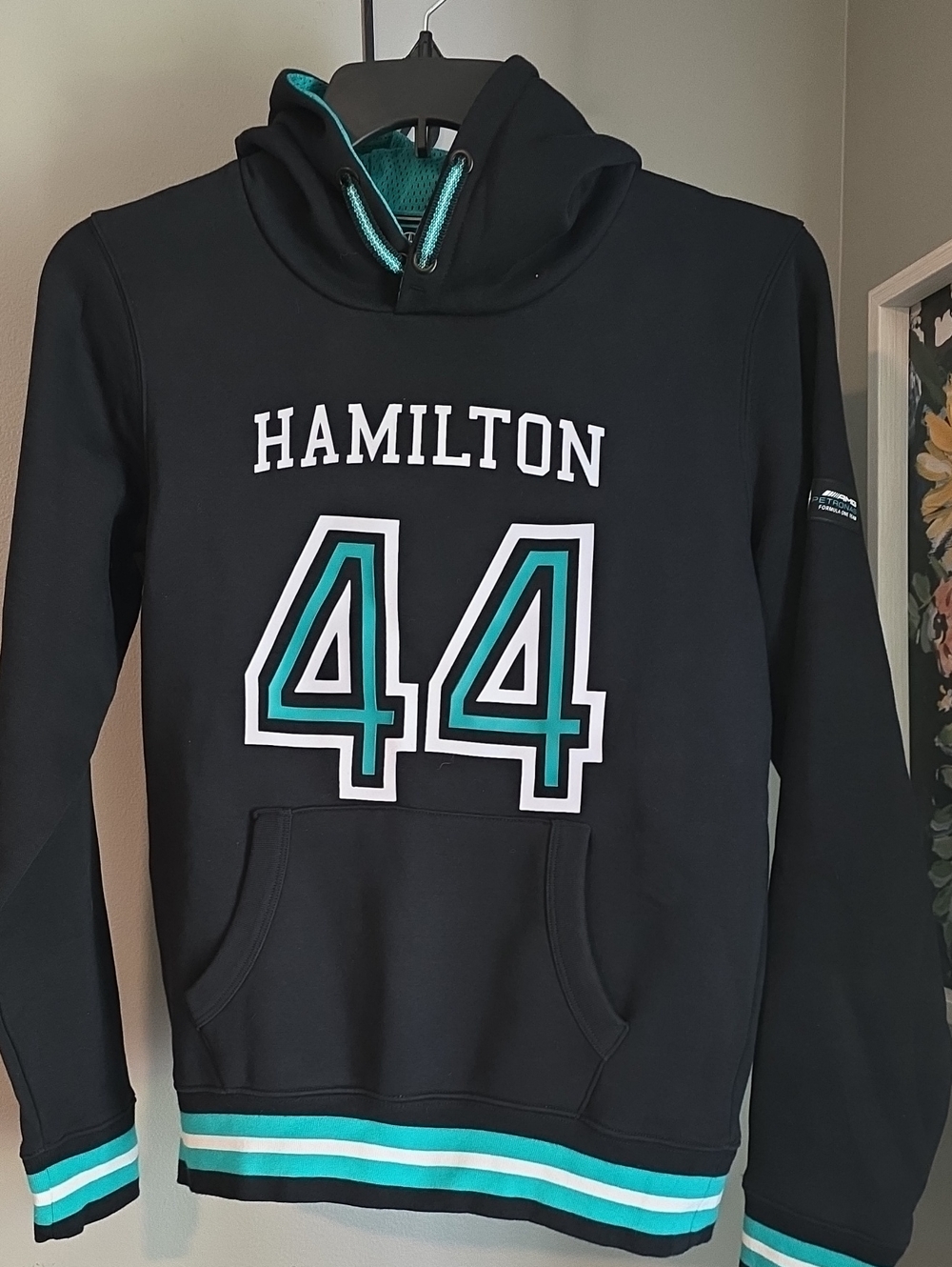 Formula 1 AMG Petronas Hamilton Men's Black Hoodie with Teal Accent 44 Graphic